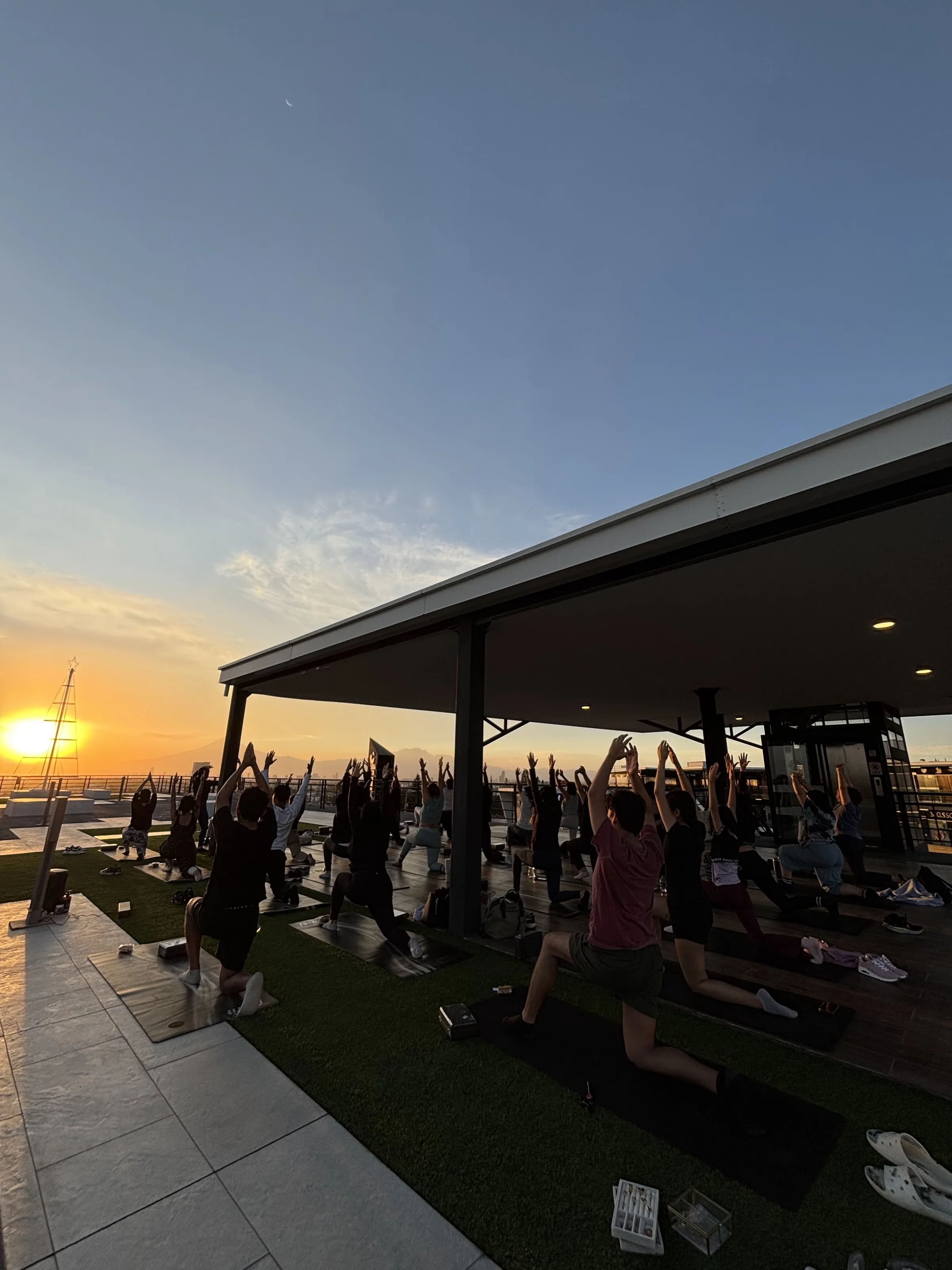 Clase de Eris en la terraza al atardecer, con el grupo completo en la misma postura